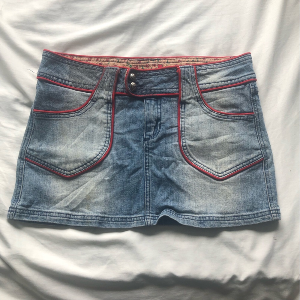 Y2K Denim Mini Skirt with Red Trim